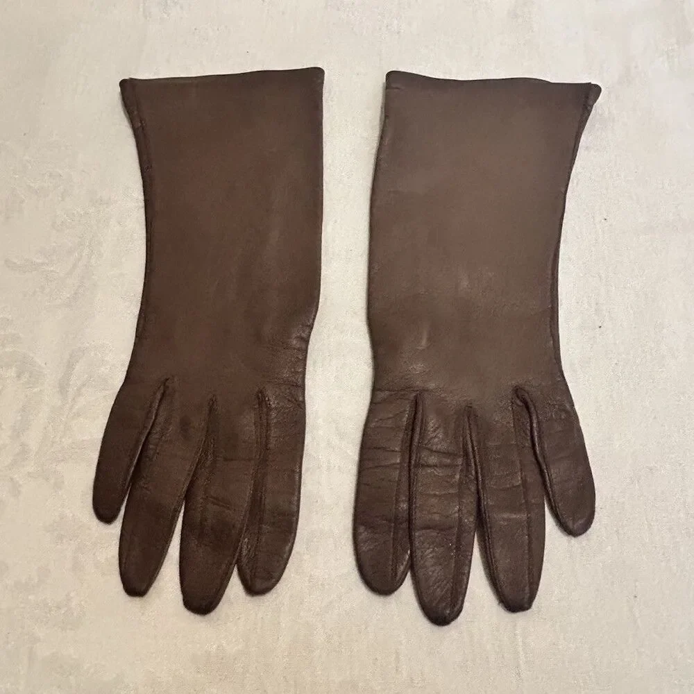 Vtg Mid-Century Women's Brown Leather Dress Gloves Sz 6 Silk Lined Italy WPL9823